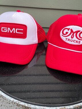 GMC Trucker Hat Lot of 2 Mesh Snapback Caps Red White GMC Trucks Logo